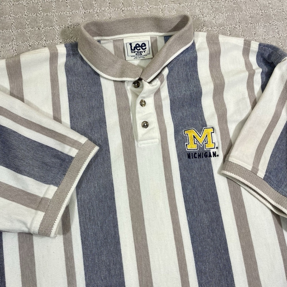VTG 90s Michigan University Wolverines White Striped Golf Polo Shirt 2XL Lee